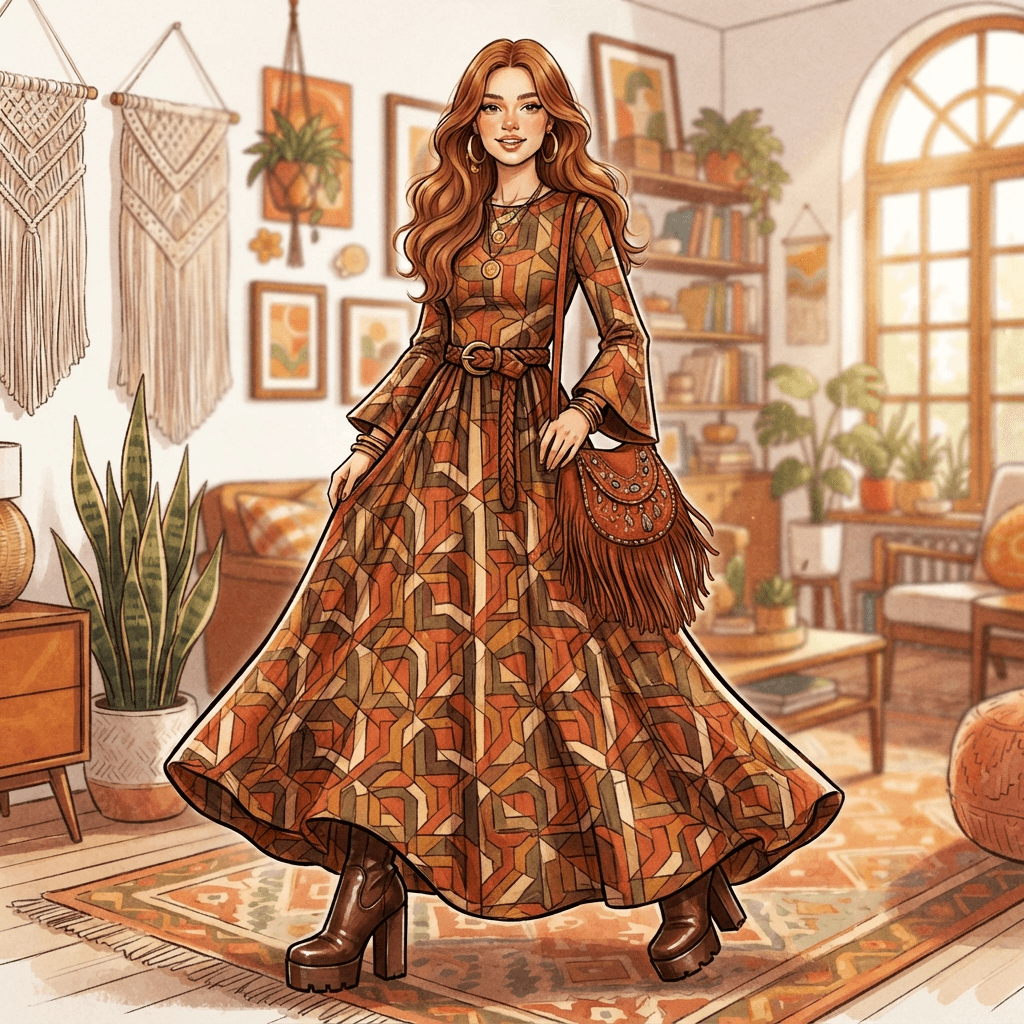 retro revival fashion, seventies flared silhouette, bold geometric print, platform boots, warm earth palette, full length gown look, fashion illustration, full body