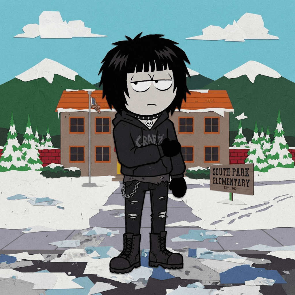 an original goth kid character with black dyed hair and dark clothes outside the school, in the exact art style of the South Park TV show: flat construction-paper cut-out animation, simple round head, tiny dot eyes, no nose, stubby body with simple mitten hands, thick black outlines, flat solid colors, no shading, crude paper texture, snowy Colorado mountain town background