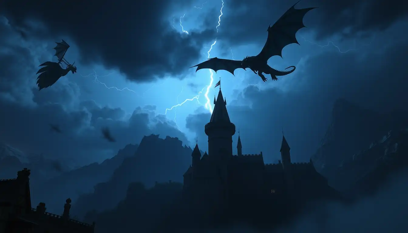 dark medieval kingdom at night, storm clouds, lightning in sky, shadow of giant dragon flying above castle, dark fantasy cinematic lighting, pixar style 3D environment
