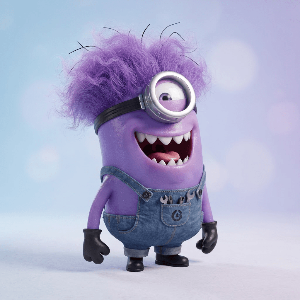A purple Minion with wild frizzy purple hair, jagged teeth, mischievous cackle, one big goggle eye, glossy 3D animated movie character render, small chubby capsule-shaped bright banana-yellow cartoon henchman, round silver goggle strapped around the head, blue denim overalls with a front pocket, black gloves, a few sparse black hair strands on top, big expressive grin, soft studio lighting, clean pastel gradient background, crisp high detail