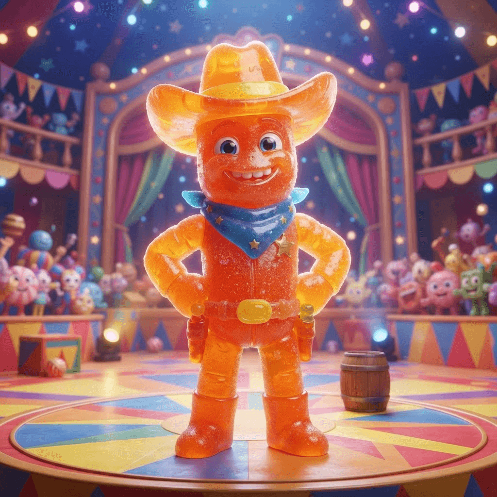 Gummigoo from The Amazing Digital Circus, orange translucent gummy candy cowboy, wide brim hat, bandana, friendly grin, full-body portrait standing on the circus stage, glossy 3D circus style, polished expressive 3D animation, bright colorful Amazing Digital Circus environment, no text, no logo, no watermark