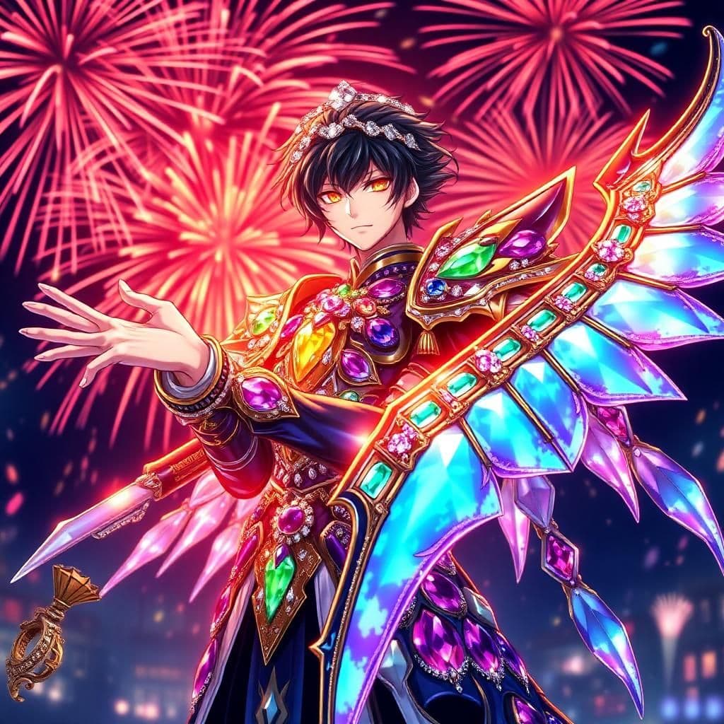 "envision isagi yoichi as a bejeweled shinigami, set amidst a kaleidoscope of gemstones and precious metals, amidst the dazzling explosion of fireworks in karakura town. his armor shines with a tapestry of sapphires, emeralds, and amethysts, reflecting the kaleidoscope of colors in the night sky - fiery rubies, sapphire blues, and molten topaz. a diamond-encrusted scythe glows with an otherworldly power, as his outstretched hand is adorned with a glittering gold ring, while a shimmering silver circlet encircles his brow.

his eyes burn with an inner fury, radiating a warm, pulsing light that fuels the fireworks display, as if the diamonds embedded in his armor are channeling the explosive energy of the moment. his wings, crafted from gleaming mother-of-pearl and iridescent opals, shimmer with a soft, ethereal light, as if infused with the essence of a thousand stars.

the background is a swirling vortex of precious stones - emerald forests, sapphire lakes, and topaz mountains - that seem to be drawn into the heart of the inferno, as if mesmerized by isagi's unyielding will. people in the distance stumble forward, arms outstretched, their faces aglow with a soft, gemstone-like light, as if they are surrendering to the bejeweled beauty of the shinigami.

the artistic style fuses ancient japanese elegance with a touch of opulent, baroque flair, creating an image that is equal parts breathtaking, yet eerily serene, as isagi stands at the center of the gemstone-laden maelstrom, a titan of the spirit realm, unencumbered by mortal constraints, as he channels the primal energy of the sparkly firework explosion."