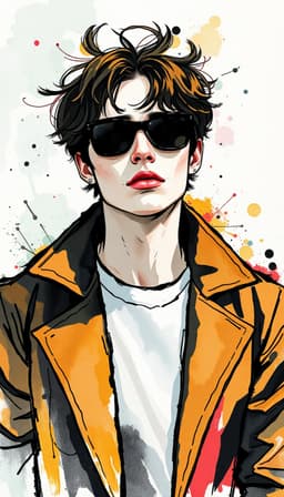 a contemporary portrait illustration rendered in a loose, hand‑drawn black ink linework that varies in thickness, featuring visible sketch overlap, unfinished strokes, and subtle ink textures. the figure is expressed in a painterly watercolor wash with textured gouache‑like brushwork, using a limited yet vibrant palette that offers bold graphic contrast and preserves clean white paper areas. abstract paint splashes, broad brush marks, and organic ink textures fill the background, giving a spontaneous, energetic feel that balances graphic design with painterly expression and deliberately avoids any polished vector finish. superimposed on this expressive base is a hyperrealistic, dc‑comic‑style oil painting of the same subject, complete with detailed, almost lifelike textures in clothing and skin, and ink outlines that echo the earlier loose linework. the oil rendering incorporates fashion‑forward styling and dramatic cinematic lighting, with volumetric light effects that create a phenomenal, almost three‑dimensional masterpiece. the overall composition fuses the spontaneous, energetic watercolor gouache style with the polished, hyperrealistic oil painting, producing a striking hybrid artwork that is both expressive and cinematic.
