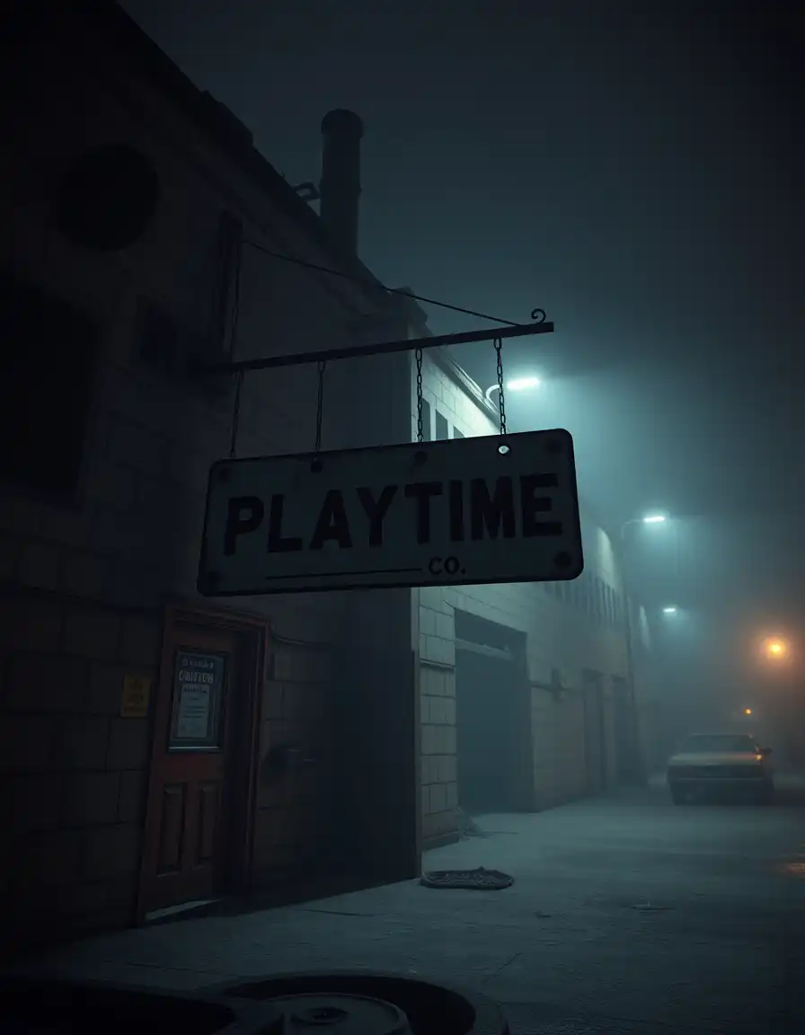 "Abandoned toy factory exterior at night, broken rusted ‘Playtime Co.’ board hanging, creepy foggy atmosphere, cracked walls, cinematic horror game style, ultra-realistic textures, 8K, 9:16"
