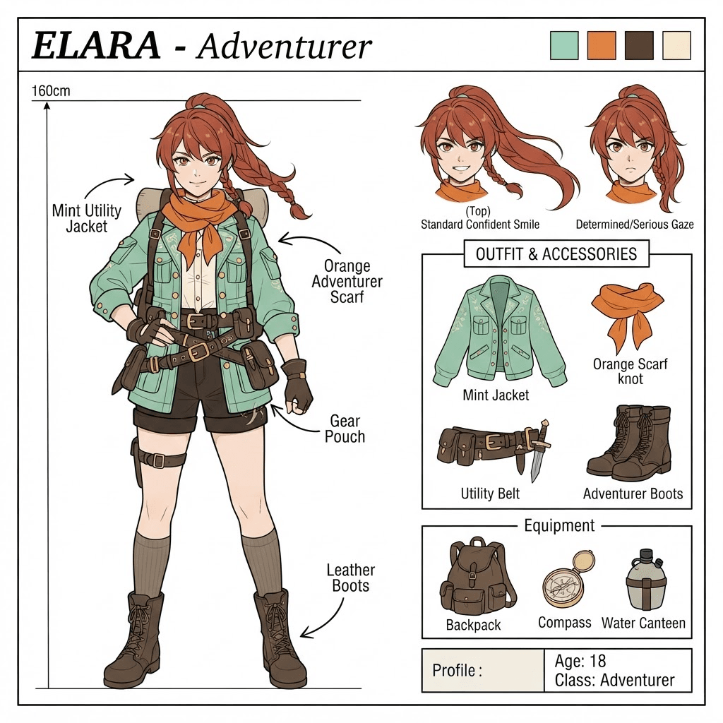 character reference sheet, model sheet layout, original anime adventurer fully clothed in mint jacket and orange scarf, front view full body plus expression headshots and outfit accessory panels, professional character design sheet