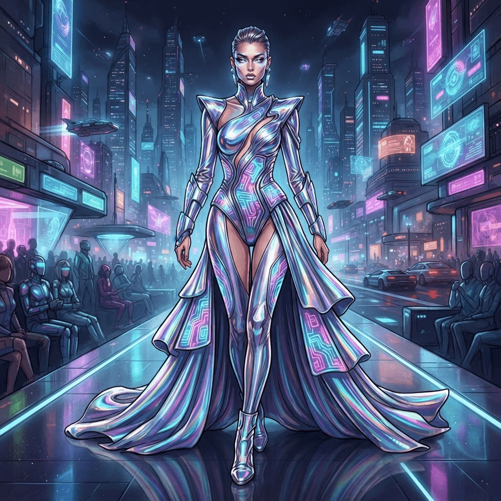 y3k futuristic fashion, chrome iridescent bodysuit, holographic panels, alien silhouette, liquid metal, full length gown look, fashion illustration, full body