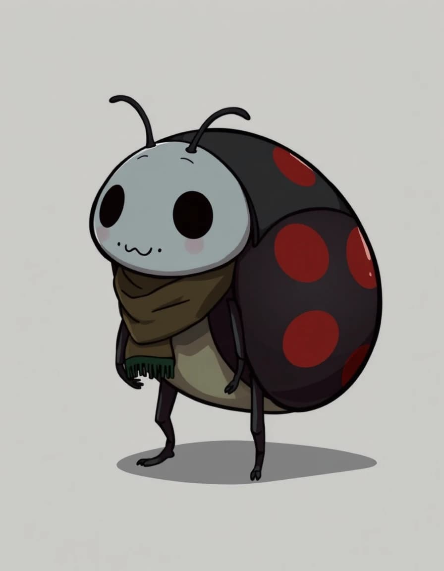 Full‑body Hollow Knight–style character. A medium and slightly chubby bug with a round blackish ladybug‑like shell featuring faded red spots. Soft, kind eyes. Slightly hunched posture. Wearing a small moss‑woven scarf. Standing calmly. Simple shapes, clean black outlines, soft shading, and the atmospheric style of Hollow Knight NPC artwork