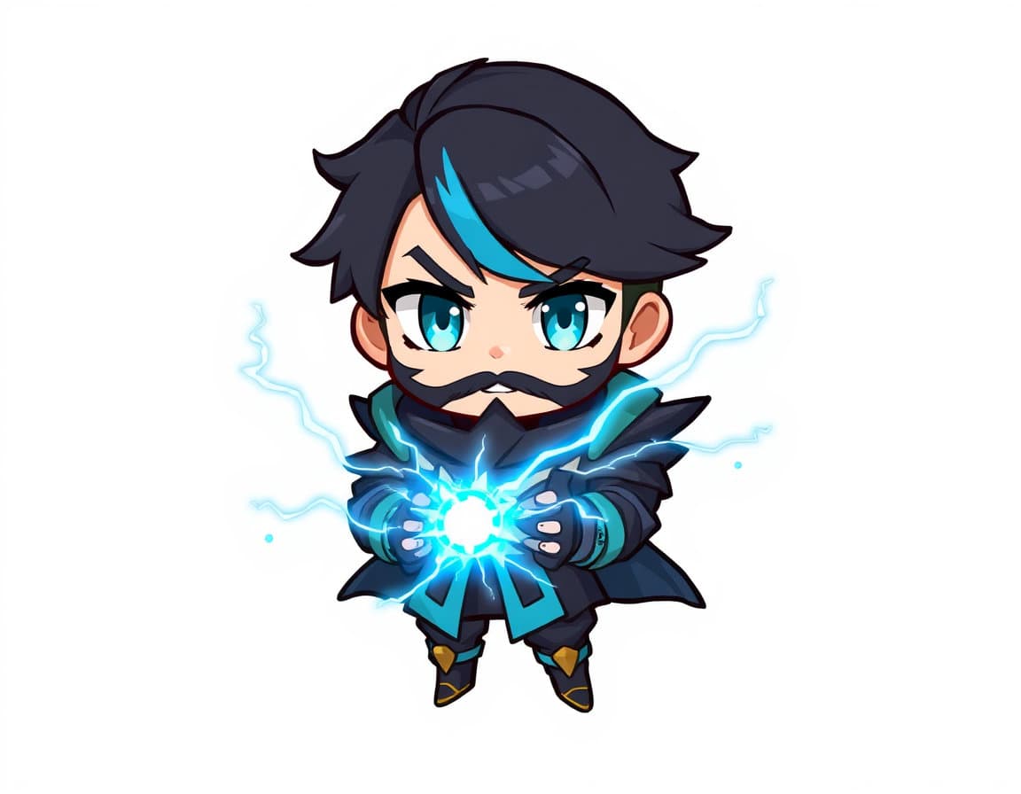 Mobile game character design, cute fantasy RPG character, clean shapes, simple design, readable silhouette, colorful, anime-inspired, chibi proportions, high quality concept art, full body character sheet, front view, white background, game-ready character, easy-to-recognize design, vibrant colors, mobile game art style.
Mobile game character design, cute fantasy RPG character.

ALX, young Bolivian male hero, support warrior.

Short black hair.
Single cyan hair streak.
Large sky-blue eyes.
Short beard.
Friendly but mysterious expression.

Black and cyan outfit.
Light armor.
Electric energy surrounding hands.
Blue lightning particles.
Small glowing effects.

Anime style.
Full body.
Character reference sheet.
White background.
Simple but iconic design.