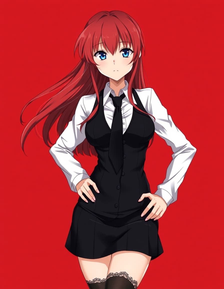 anime image of a confident woman with long, flowing red hair and striking blue eyes, wearing a fully buttoned white collared shirt, a black tie, a modest black vest, and a knee-length black skirt. She has thigh-high stockings with a lace trim, and her pose is dynamic with one hand on her hip. The background is a solid, vibrant red.