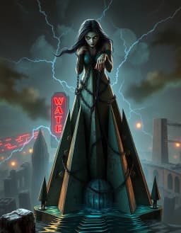 a chained mujer with cracked face and green reptile eyes perched atop a towering edificio of weathered spiky architecture and smooth geometric ruins, practical lighting from neon signs and flickering lamps casting realistic shadows, razor-defined edges, intensely crisp textures, electrically charged atmosphere, rippling wavy patterns refracting through water, shimmering reflections on skin and stone