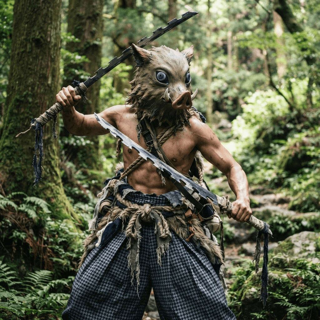 a wild swordsman wearing a boar head mask, bare chested with checkered hakama and dual serrated katana, cosplay portrait, waist up, detailed costume
