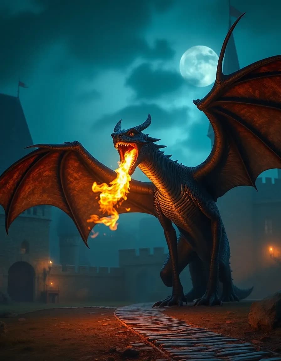 A realistic Western dragon with bat-like wings, breathing fire at a medieval castle at night, dramatic cinematic lighting, ultra detailed.