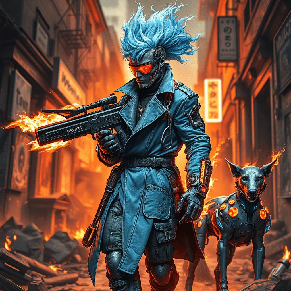 blazing black-and-white image of a daredevil cyberpunk warrior blazing through a volcanic future world. drenched in a tattered, electric blue trench coat wildly connected with optics and holographic circuits, their hyper-mutated cybernetic arms ablaze with ferocious, dancing markings and microchips pumping fiery sparks. a smoldering visor smothering one eye, electric blue hair styled in a towering inferno. carrying a cackling, fire-emitting energy shotgun, background an orange-glowing, burned-out dystopian alley littered with smoldering, neon ruins and crackling electricity. a frenzied cyber dog stands guard, its mechanical arms a blur as they flash and crackle with energy discharge, data interface blazing like a wildfire.
