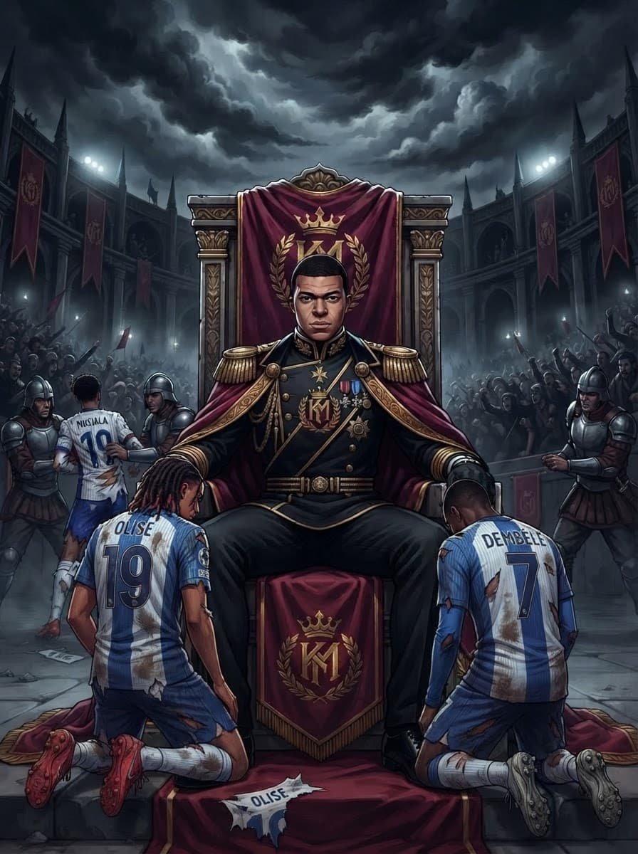 olise and dembele kneeling before mbappe