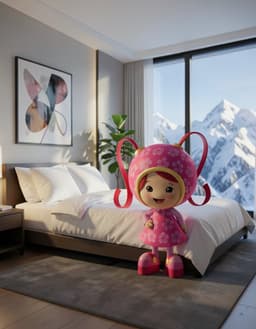 RosyRibbonhead stands beside a purple Gengar monster in a modern luxury bedroom with floor-to-ceiling windows overlooking snowy mountains. The space features minimalist decor, white bedding, abstract wall art, an indoor plant, cinematic lighting, and a shallow depth of field captured with an 85mm portrait lens. Vibrant colors and a playful mood highlight the scene.