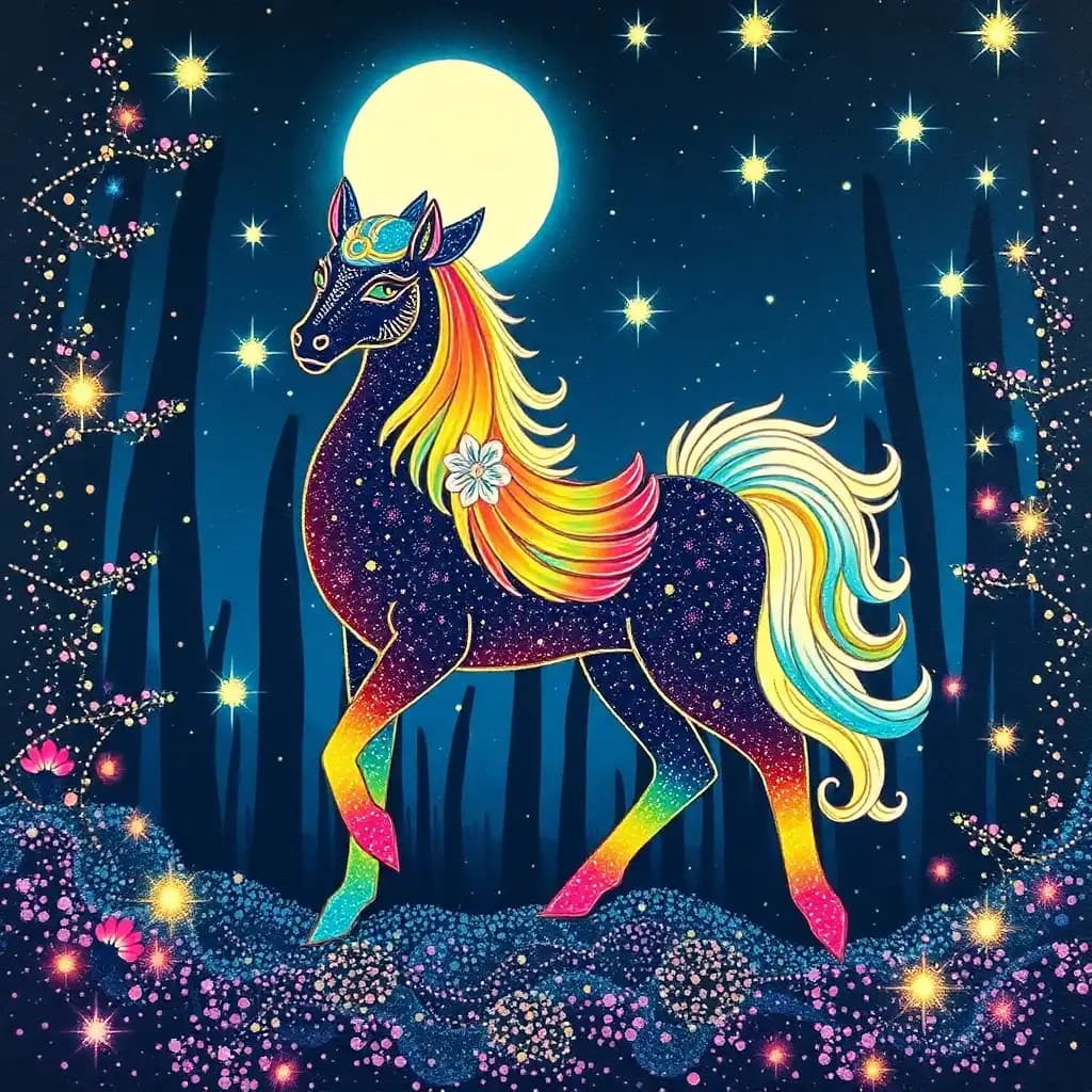 in a rainbow-colored woodblock print with vibrant sparkles, a majestic kirin emerges in a moonlit, glittering forest. delicate rainbow legs support its regal form against a backdrop of shimmering orbs. its fur shines in shifting rainbow hues, exuding an aura of timeless wisdom. the atmosphere carries a magical essence of rainbow night blooming jasmine, meadowsweet, lavender, and eucalyptus, inviting a journey through a rainbow-colored, sparkling darkness filled with dancing diamonds and stardust trails.
