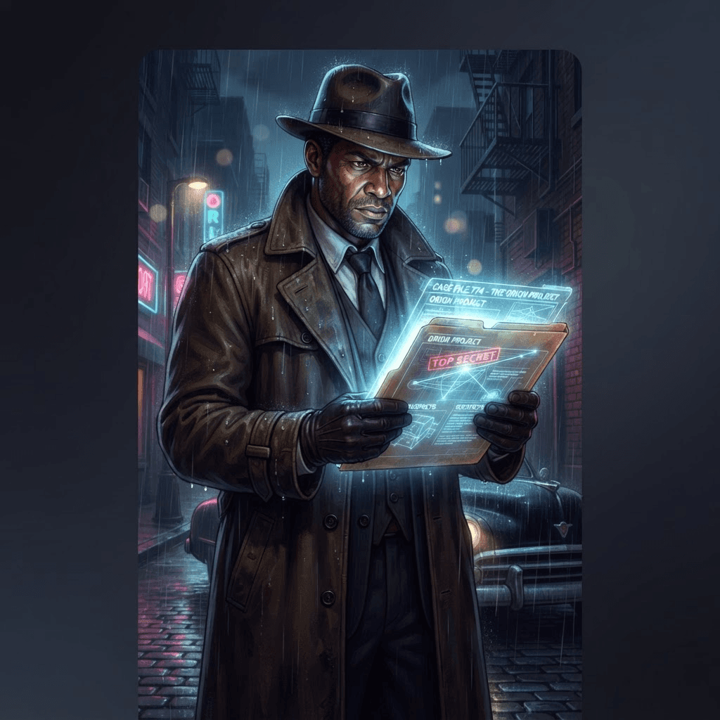 original character, retro detective with trench coat and glowing case file, noir mood, clean soft gradient background, vibrant, crisp high detail, digital illustration