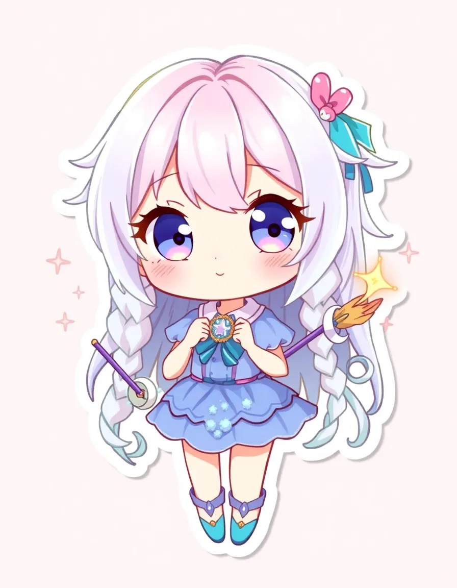 a chibi magical girl character with sparkly eyes, pastel hair, tiny wand, magical effects, cute poses, and a fibrous texture that resembles woven fibers, interlaced strands, or braids. the character is set against an anime-style pastel palette with a glossy sticker finish and detailed but adorable features.