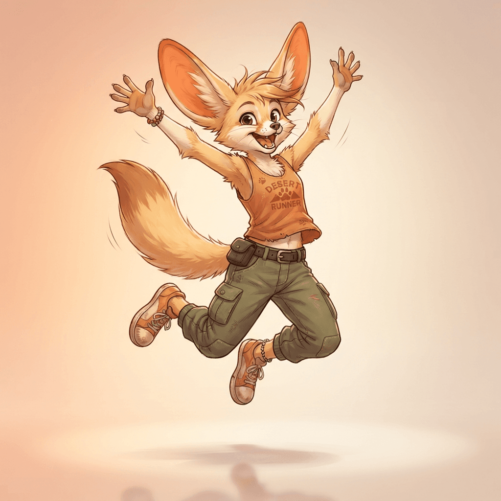 anthro fennec fox fursona character, full body, energetic jump pose, huge ears, sandy tan fur, wearing a tank top and cargo pants, warm desert palette, clean soft gradient studio background, vibrant, crisp high detail, digital illustration