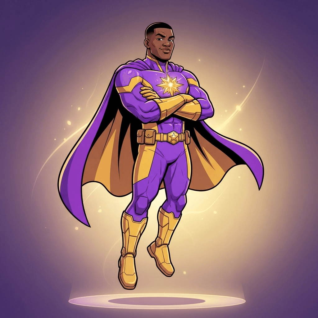 original superhero floating with arms crossed, purple and gold two-tone suit, bold flat comic book style