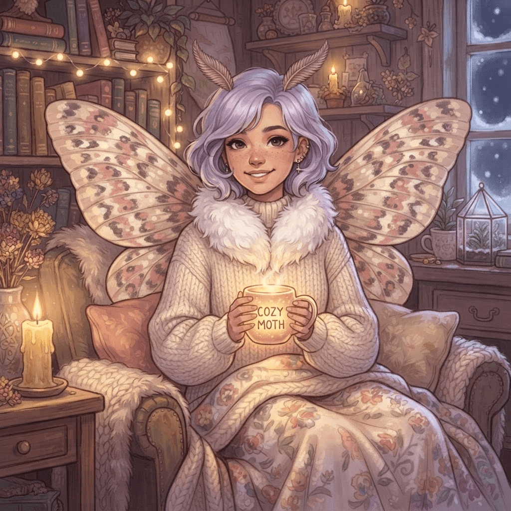 Moth girl original character with lavender hair and speckled wings holding a warm mug, cozy candlelit room, digital illustration