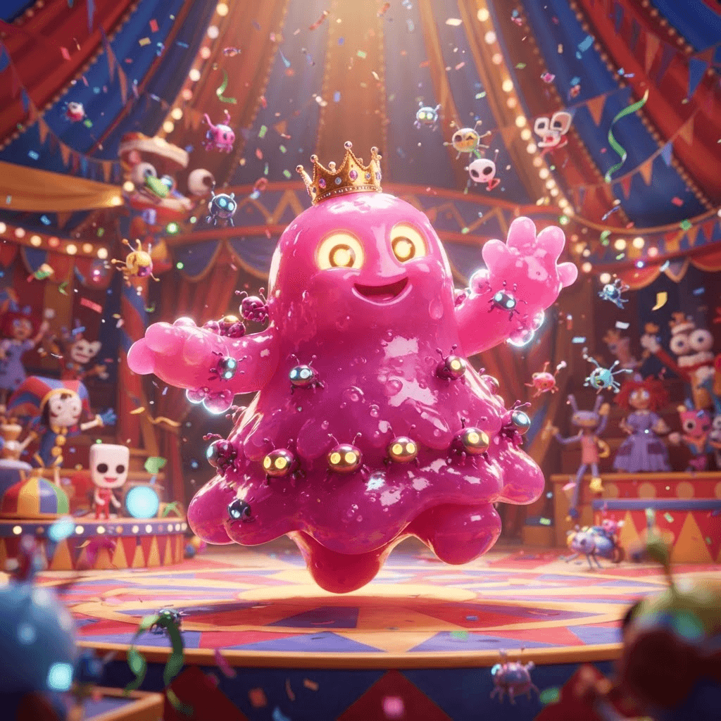 Gloink Queen from The Amazing Digital Circus, large friendly pink blob monster queen wearing a small golden crown, dynamic playful action pose under the big top, glossy 3D circus style, polished expressive 3D animation, bright colorful Amazing Digital Circus environment, no text, no logo, no watermark