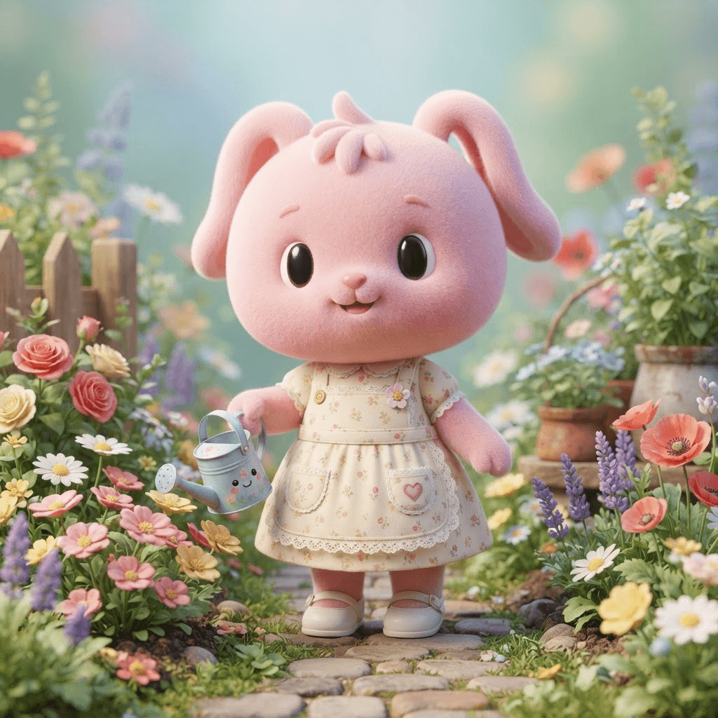 cute round-headed cartoon bunny villager character, big head, simple oval eyes, pastel pink fur, wearing a little apron, holding a watering can in a flower garden, chibi 3D toy style, soft lighting, clean soft gradient studio background, vibrant, crisp high detail, digital illustration
