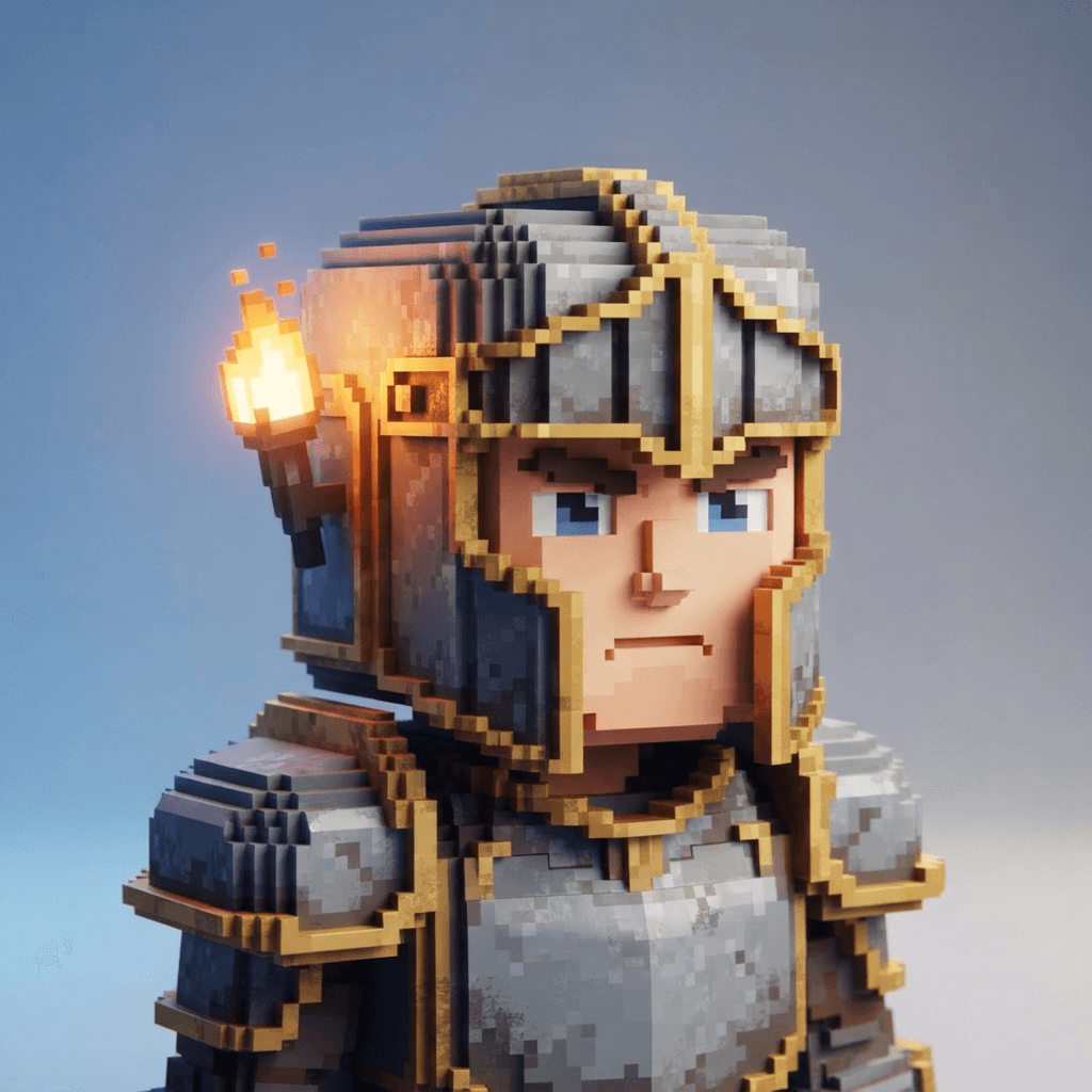 original voxel knight avatar character headshot, cube-shaped head, pixelated iron-gray armor with gold trim, pixel torch glow, blocky sandbox game style