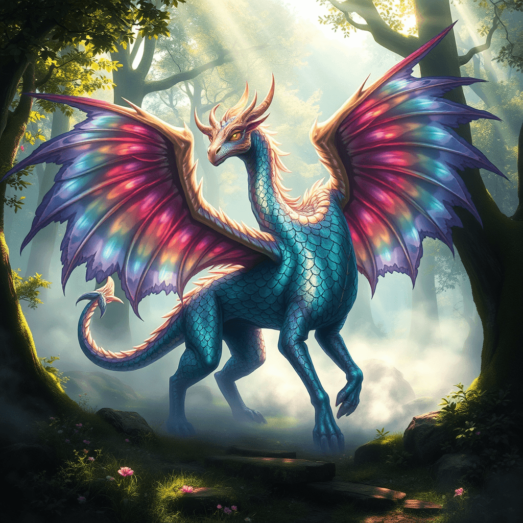 In a mystical forest glade, a majestic mythical creature emerges from ethereal mist. Its iridescent scales shimmer in the dappled sunlight, reflecting a myriad of hues. Wings spread wide, creating a swirling kaleidoscope of colors. The creature's eyes glow with ancient wisdom and untold stories. The art style is a blend of realism and fantasy, capturing the creature's beauty and mystery.