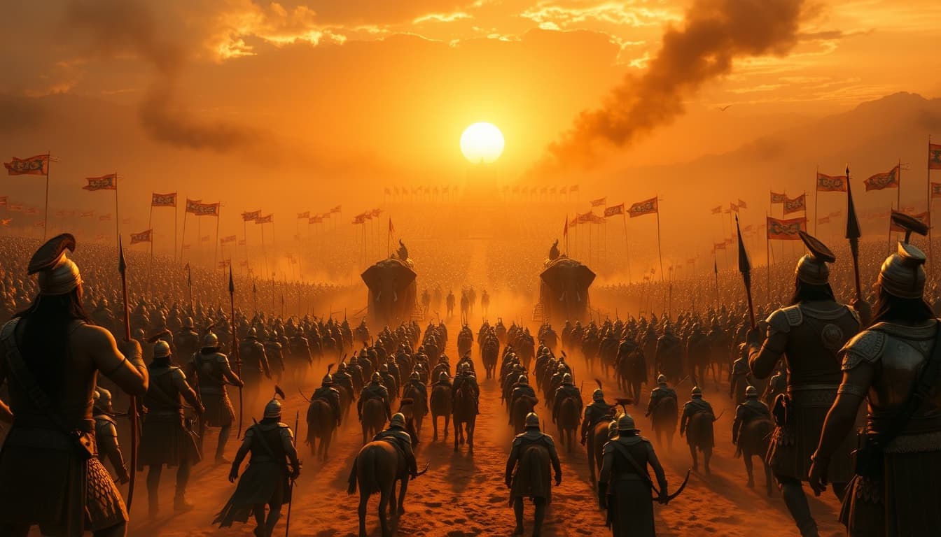 Epic Kurukshetra battlefield scene from Indian mythology, millions of ancient warriors standing face to face before the Mahabharata war, vast battlefield filled with soldiers, elephants, horses and chariots, sunrise light over dusty battlefield, warriors wearing ancient Indian armor and holding bows, spears and shields.

Character details: Pandava and Kaurava warriors with traditional dharma yuddha armor, golden crowns, long hair tied in warrior style, muscular bodies, holding bows and swords, elephants decorated with royal armor, horses pulling chariots.

Environment: massive Kurukshetra battlefield, dusty air, dramatic sunrise sky, war flags waving in the wind, fire torches burning, ancient Indian battlefield atmosphere.

Camera: cinematic wide aerial shot slowly moving forward across the battlefield, epic scale, dramatic slow motion.

Style: Indian mythology epic cinematic style, Mahabharata aesthetic, ultra detailed, dramatic lighting, 4K, high detail, historical epic atmosphere.
