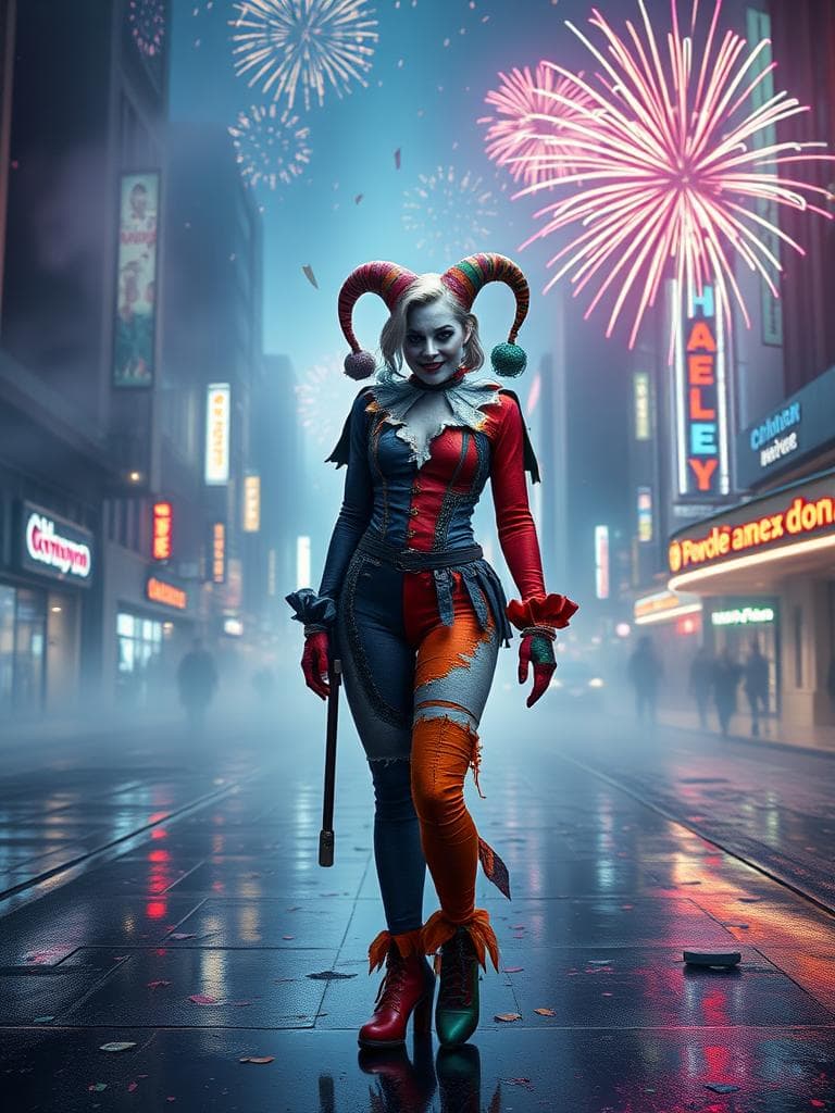 To modify the prompt and infuse it with the 'Mood' aesthetic of an energetic and vibrant atmosphere, while maintaining the 'Style' of chaotic and fragmented texture, I'll revise the text as follows:
"Harley Quinn stands alone in a shattered, misty cityscape, electrified by neon lights that dance and flicker like fireworks across the wet, reflective streets. The air is alive with the pulsating rhythm of music, as confetti swirls and fireworks ignite the sky, casting a kaleidoscope of colors across the misty atmosphere. Her tattered, worn jester costume is a vibrant, technicolor dream, with frayed, faded, and cracked fabric that tells a story of resilience and age. The dominant color of her costume is a deep, rich purple, while accents of bright, energetic orange and lush green add a pop of color, creating a sense of dynamic contrast. The light beams radiate from a central, shattered celestial source, with jagged rays that seem to pierce through the mist, casting a radiant glow on Harley Quinn's face, illuminating her mischievous grin. The contrast between warm, golden yellows and cool, blue-greens in the shadows is exaggerated, making the beams appear to emanate from a heavenly realm. The mist and fog swirl around her, casting a veil of mystery, and interacting dynamically with the light, adding a sense of depth and wonder to the image. In the distance, a subtle, misty landscape hints at a mystical world beyond, with crumbling stone walls and corroded metal accents that seem to whisper tales of forgotten history. The walls are cracked, and the metal is twisted, with sharp, jagged edges that seem to reflect the fractured light. Harley Quinn's costume is a mosaic of textured, vintage hues - purple, orange, and green - with rough, uneven textures that seem to glow softly in the gentle, celestial light. Her hair is pulled back, revealing her face, and her eyes gleam with a hint of mischief as she stands confidently, her worn, wooden mallet at her side, its surface pitted and weathered from years of use. The mallet's handle is cracked, and its head is dented, with sharp, fractured edges that seem to reflect the chaotic texture of the environment. The air is charged with an infectious energy, as the city comes alive with the thrill of celebration, adventure, and high-stakes excitement. The sound of laughter, music, and cheering crowds fills the air, inviting the viewer to step into the vibrant, electric world surrounding Harley Quinn, where the boundaries between reality and fantasy blur."
In this revised prompt, I've maintained the core elements of the original, while infusing it with the energetic and vibrant 'Mood' aesthetic. The image now features a cityscape alive with music, confetti, and fireworks, with a strong emphasis on color contrast, textured, aged details, and a sense of fragmented, glitch-like disorder. The result is a captivating and dynamic depiction of Harley Quinn, bathed in the radiant glow of celestial light, with a sense of unstoppable momentum and infectious energy.