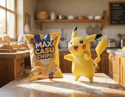 MAX CASU CHIPS and Pikachu together. A bakery kitchen dusted with flour, warm morning light. MAX CASU CHIPS is walking toward the camera. Pikachu is pointing off at something outside the frame. Each is a single whole figure, face in view, clear of everything else in the frame.
