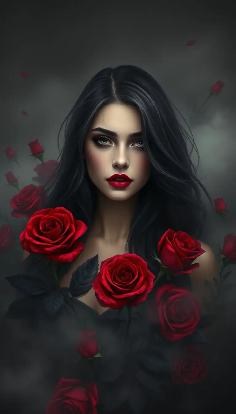 gothic romance digital art, beautiful woman with long dark hair and deep red lips, surrounded by blooming crimson roses and black flowers, dark misty background, dramatic lighting, romantic gothic aesthetic, mysterious and emotional mood, highly detailed floral illustration, cinematic shadows, dark red and black palette