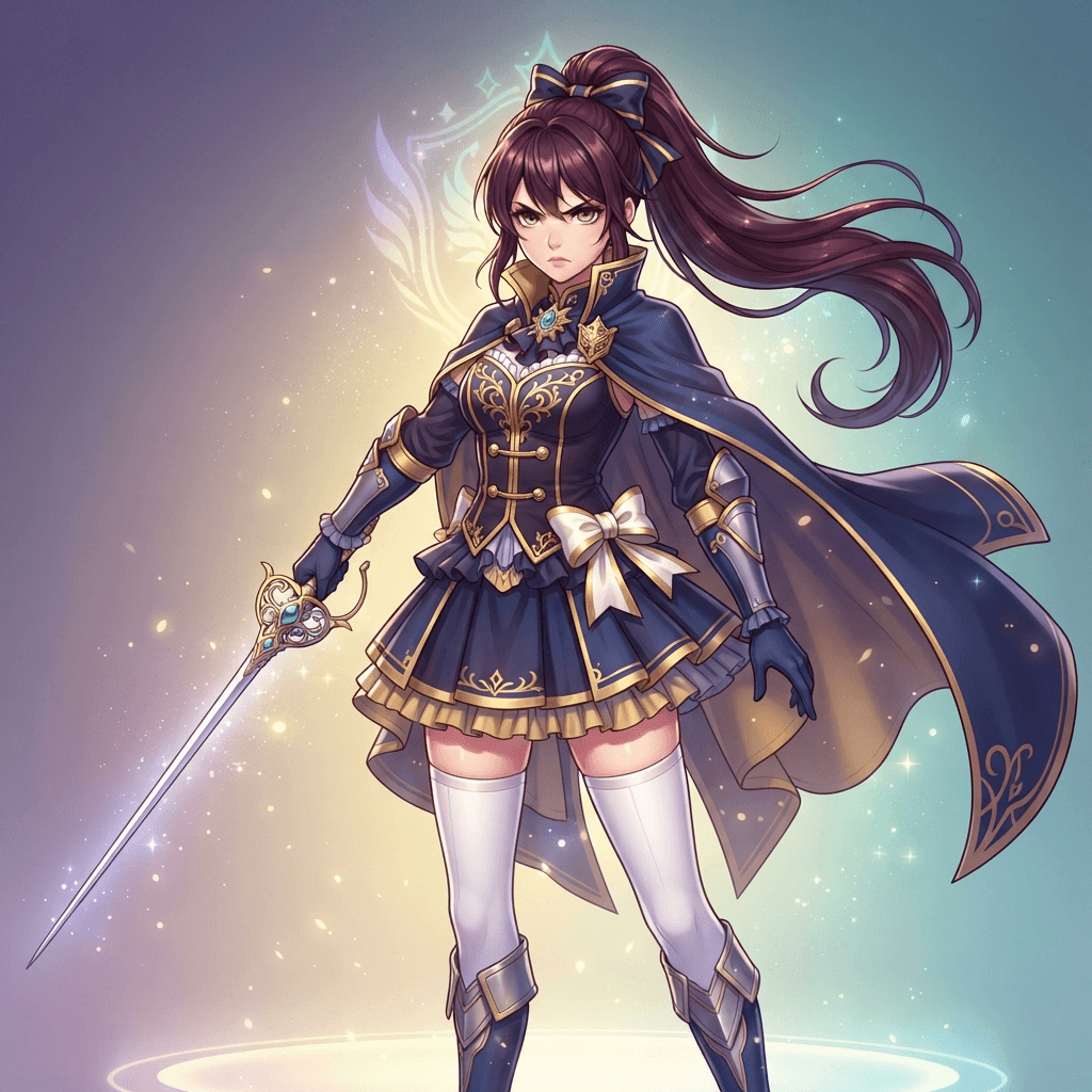 original character: a magical girl in a dark navy and gold uniform with a cape and a slender rapier, serious determined stare, bittersweet pastel magical girl anime illustration, clean soft gradient studio background, vibrant, crisp high detail, digital illustration