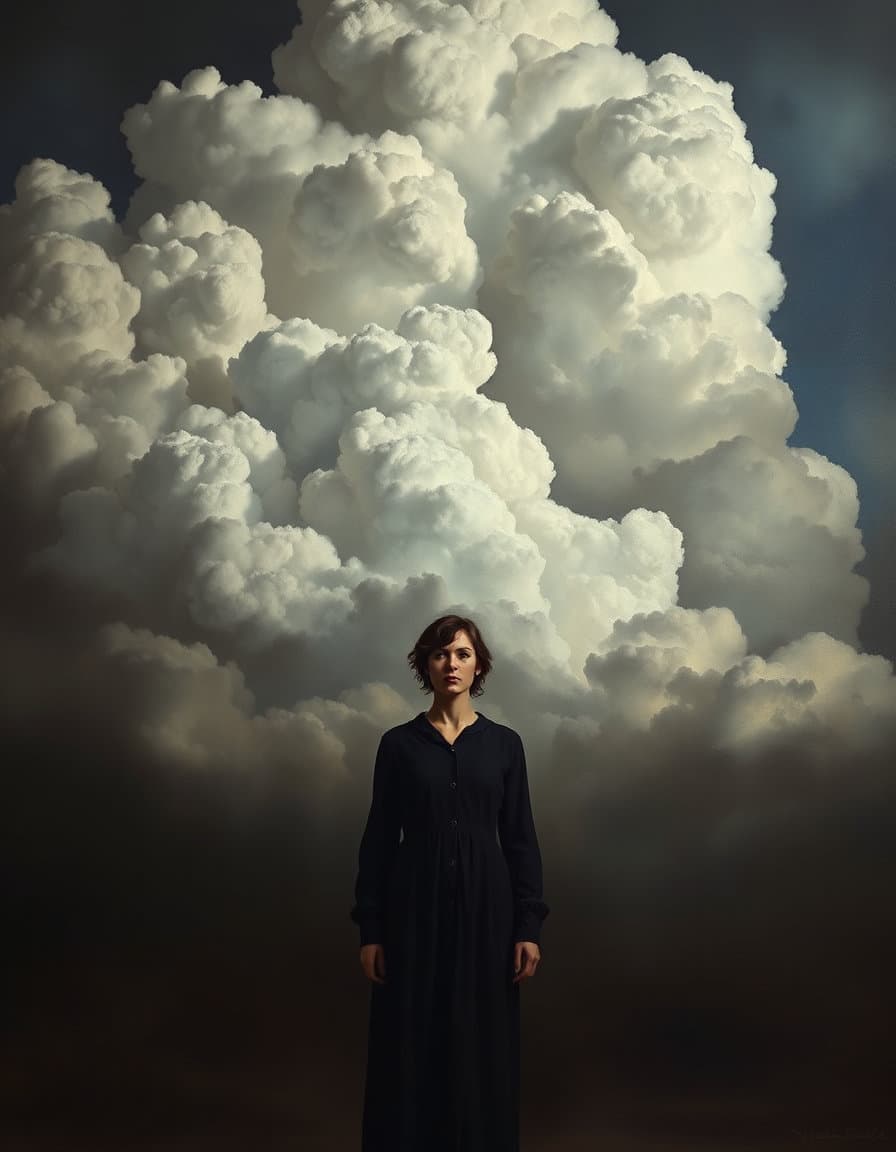 melancholic figure standing beneath vast clouds, renaissance oil painting style, dramatic light and shadow, expressive eyes, poetic atmosphere, contemplative mood, classical art, muted colors, soft painterly textures, philosophical aesthetic, museum quality masterpiece, timeless beauty, emotional depth, highly detailed



renaissance oil painting, fine art portrait, baroque lighting, editorial fashion photography, painterly brushstrokes, museum masterpiece, expressive eyes, rich textures