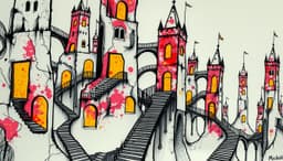 a surreal escher‑style staircase cityscape of towering paper‑torn towers, bridges, arches and winding stairs floating in subtle fog, rendered with hand‑drawn ink line work and strong black outlines, now drenched in a colour pop add‑on: vibrant, clashing, kaleidoscopic patterns splotched across surfaces, abstract assorted textures spilling through arches and stair risers, creating mesmerizing pops of bright colour. the collage retains paper grain, ink washes and acrylic splatter, while translucent overlapping pieces and pattern‑filled ghosting effects add layered 2d depth. soft diffused lighting and minimal shadows preserve the intimate, page‑scale composition.