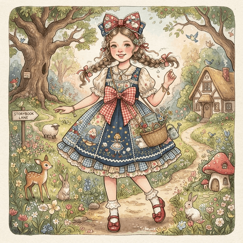 nursery rhyme fashion, storybook pinafore, oversized bow, whimsical picture book styling, styled with statement accessories, fashion illustration, full body