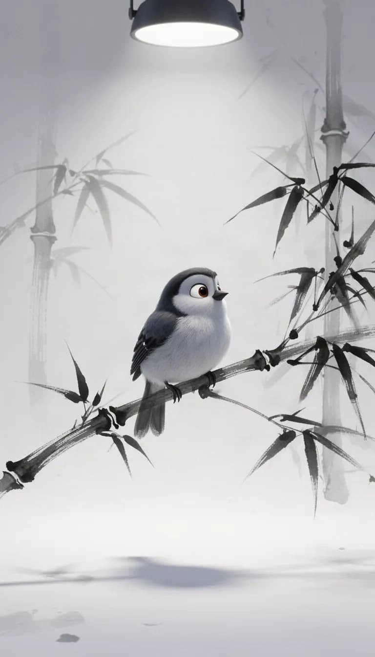 pixar-style animation, full shot, eye level, soft studio lighting from above, gentle shadows, whimsical and elegant atmosphere, with japanese ink wash painting style, black ink brush strokes, on a white background, minimal zen aesthetic, single subject focus, negative space, a small bird sitting on a bamboo branch.