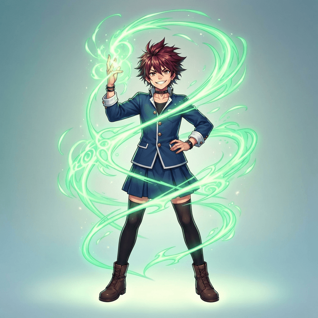 Anime illustration, full body, original young sorcerer with spiky dark red hair in a navy school uniform, bright green cursed energy swirling in a spiral around him, grin, clean soft gradient studio background, vibrant, crisp lines