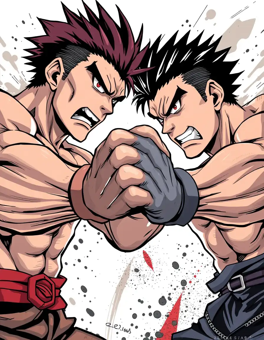 Dynamic anime/manga style illustration, inspired by modern shonen and action webtoons. Two muscular male fighters clashing hands, intense facial expressions, spiky stylized hair, thick lineart, sharp shadows, strong anatomy, bold highlights, minimal background with ink splashes and motion effects. High contrast cel shading, vibrant colors, dramatic energy, gritty texture, expressive eyes, exaggerated poses, clean manga outlines, action-focused composition.