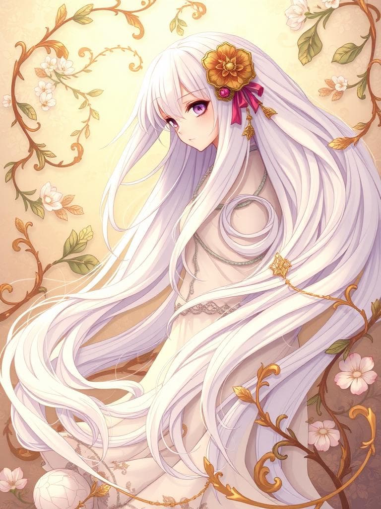 Anime girl with long, flowing white hair, surrounded by curving vines and floral patterns, in a soft, dreamy environment with earthy tones and golden accents, adorned with intricate details and flowing lines.