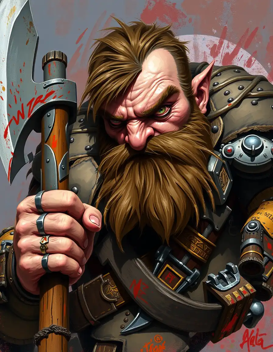 a dnd goliath wearing adventurer's gear holds a big axe. the expressionist portrait uses vivid colors and bold brushstrokes to capture emotional intensity. the face is contorted, reflecting inner turmoil.