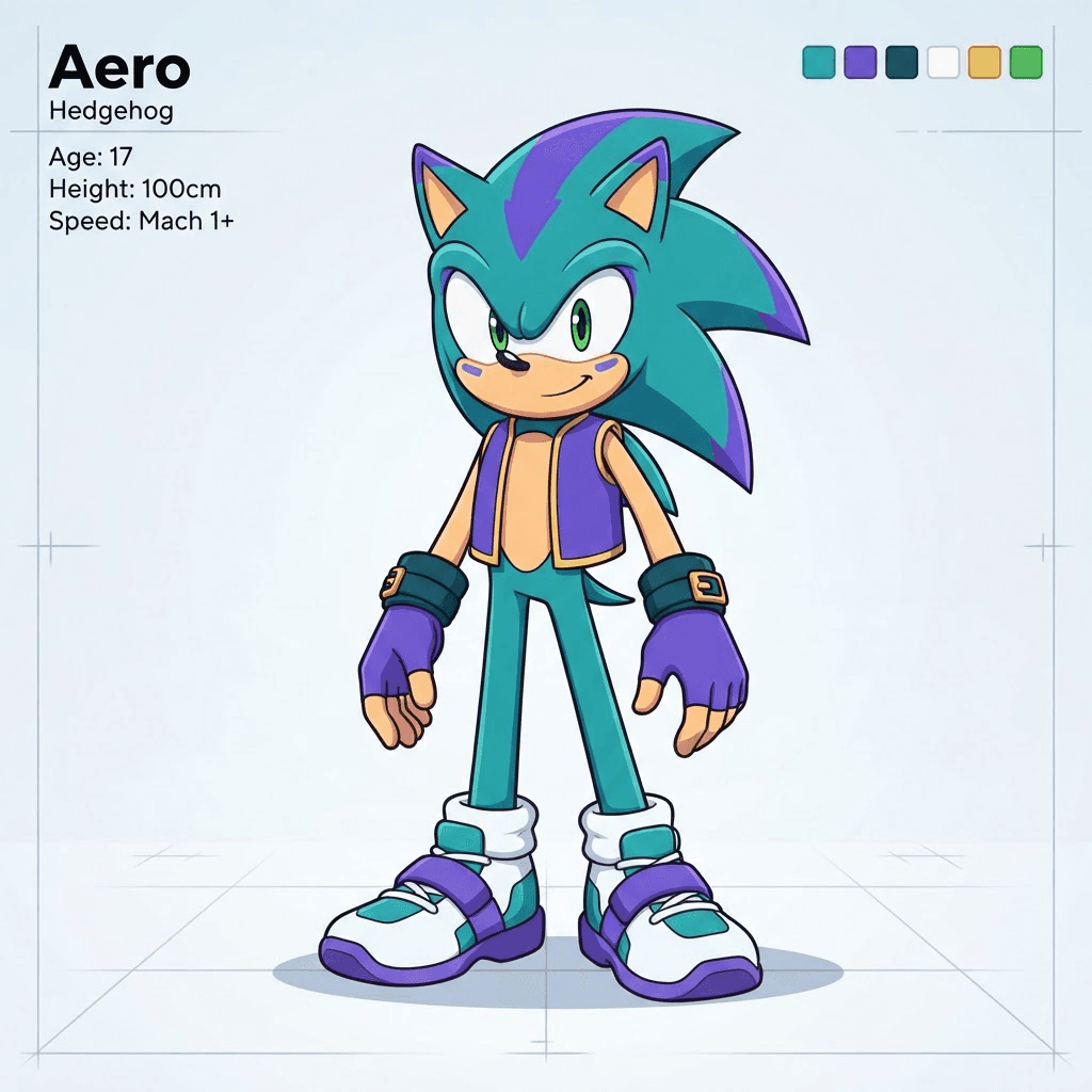 anthro hedgehog speedster oc base, clean full body pose reference, front view, teal quills and violet accents, simple sneakers and gloves, flat colour, minimal shading, plain white background, character reference sheet style, clean soft gradient studio background, vibrant, crisp high detail, digital illustration