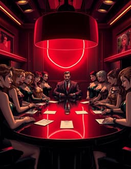 Cinematic neo-noir comic-book ensemble illustration combining mature American superhero art, glamorous pin-up character design, pulp crime-comic atmosphere and polished digital painting. A large group of highly stylized comic characters gathers around a glossy circular table inside an exclusive shadowy nightclub, staged like a secret criminal-family council meeting. The composition is radial, with characters forming a horseshoe around the table while a charismatic central figure sits at the far end directly beneath an enormous glowing crimson neon sign. Foreground characters are viewed from behind and in profile, placing the viewer psychologically inside the meeting. Character designs combine idealized superhero anatomy with elegant animation-inspired faces, sharply shaped brows, expressive almond eyes, heavy lashes, defined lips and individually designed expressions. Hair is constructed from strong graphic silhouettes layered with dense directional strands, painterly highlight ribbons and deep colored shadows. Clothing mixes superhero bodysuits, eveningwear, glossy leather, sequined dresses, fur trim, jewelry and nightclub couture, with distinct material responses separating satin, leather, metal, skin and fabric. Fine dark comic inks remain visible beneath sophisticated digital coloring, including selective feathering, hatching, hair strokes and angular shadow accents. The environment is dramatically underlit using cinematic chiaroscuro: warm amber practical light illuminates faces and skin while intense crimson neon casts atmospheric red accents through a room dominated by black, espresso brown and burgundy. Large portions of the architecture disappear into shadow, creating isolated pools of illumination around the characters. Cream-colored documents, cocktail glasses and subtle reflections scatter across the polished dark table, forming a visual pathway toward the central figure. Rich blacks, glowing reds, emerald green, purple, gold and warm flesh tones combine with subtle print grain and painterly texture to create the appearance of a deluxe mature graphic-novel cover depicting a secret meeting in an underground toon speakeasy.