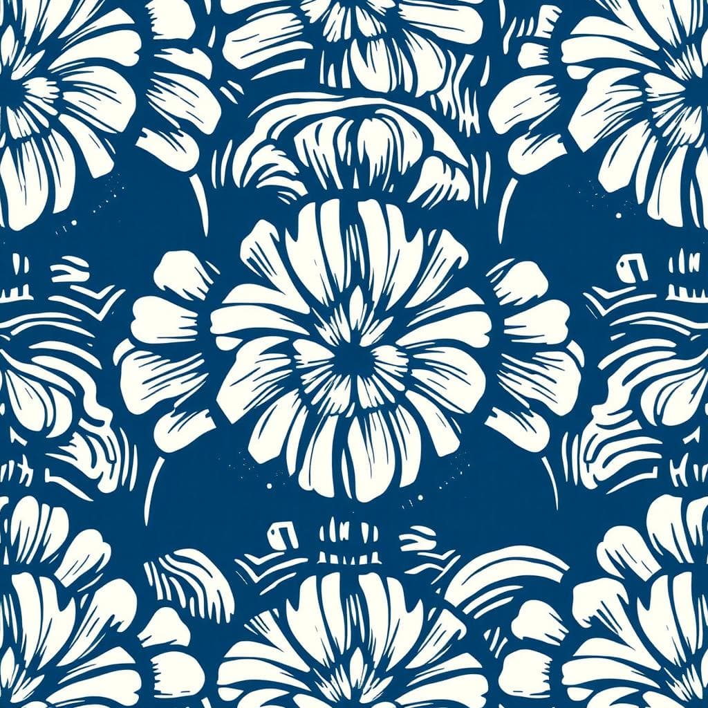Seamless tileable linocut-style illustration , block print texture, monochrome blue and white, thick carved lines, high contrast, vintage handcrafted feel