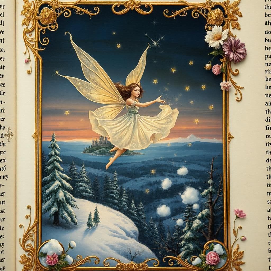 amidst a winter wonderland set amidst a medieval tale, floating above a distant horizon as told in illuminated texts, twilight deepens as the fairy swiftly twists, caught mid-action, her delicate motion distorted by a blur of motion reminiscent of calligraphy's fluid curves. a fairy twirls rapidly, surrounded by an ornate border of snow-covered trees and intertwined florals, told in the script of the ancients as the island floats above, surrounded by mist-shrouded castle spires. crystal shards twinkle like stars suspended within painted miniatures, her wings shimmering with frost as they seem to sprout from intricately designed, hand-illustrated flowers that swirl around the gilded filigree surrounding the text of the medieval manuscript below. her face glows with frosted gemstones now set like gemstones in a miniature illuminated initial, radiating joy as delicate puffy clouds accumulate near the manuscript's edges, and each surface sparkles with gold leaf and frozen splendor, a gem-encrusted, intricately designed winter fairy in the style of a medieval artist, inviting the viewer to gaze upwards from this mystical haven depicted in the script of the ancients.
