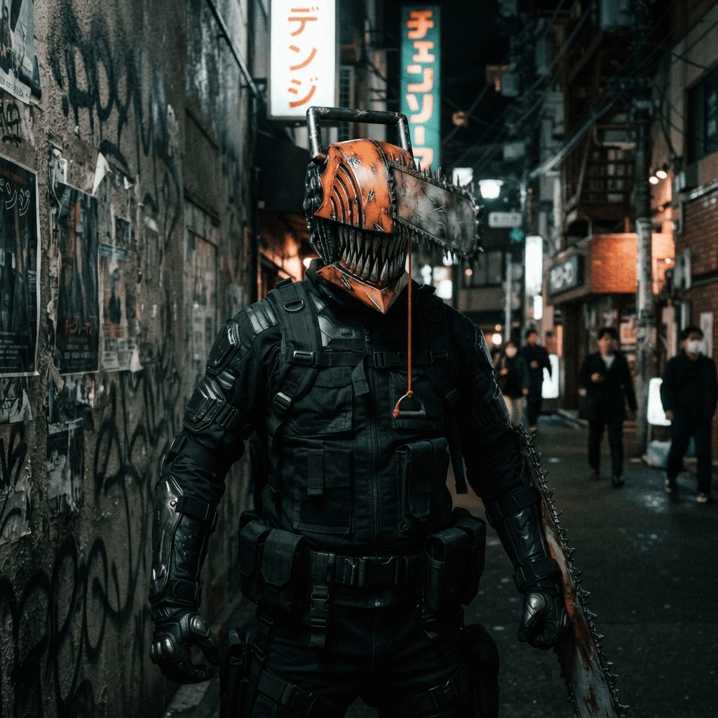 a figure in a dark suit with a chainsaw motif helmet and a pull cord, gritty urban styling, cosplay portrait, waist up, detailed costume