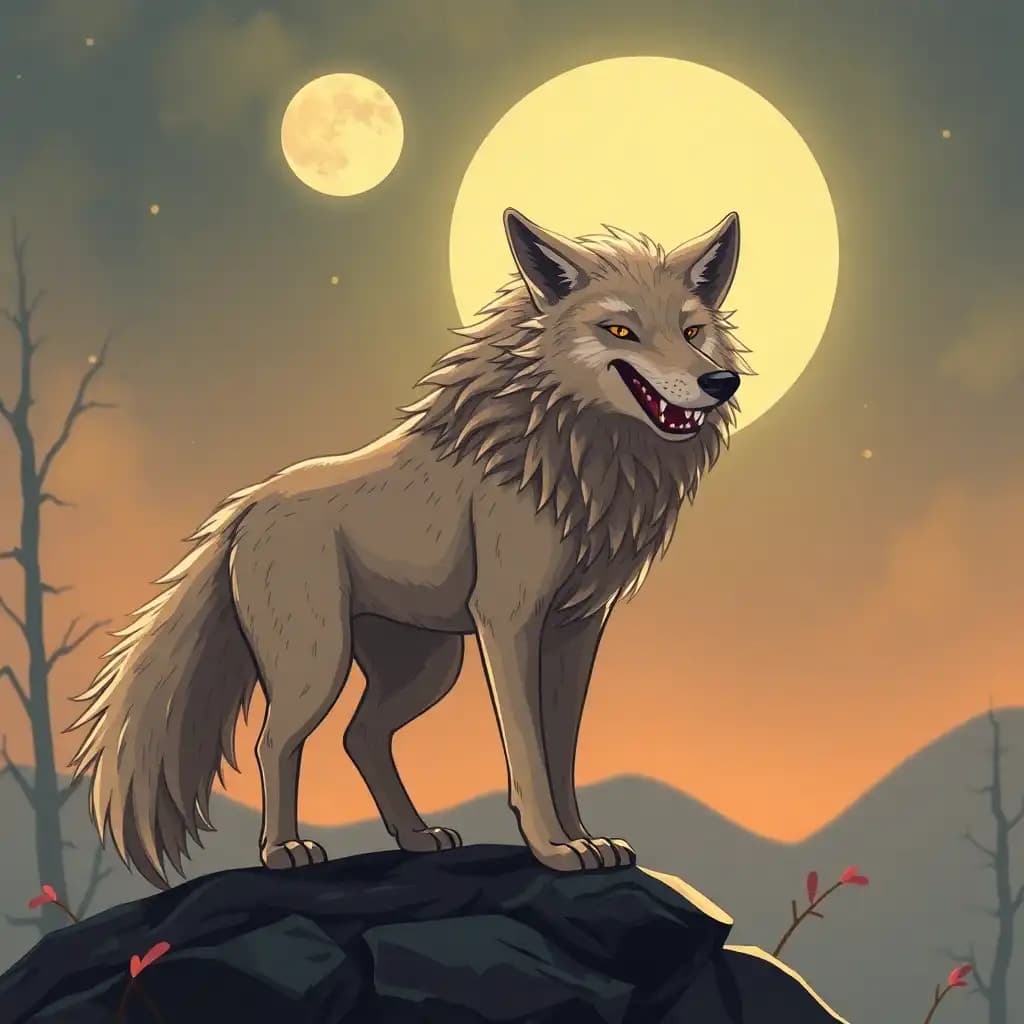 style animé grand loup très maigre et méchant en entier long museau