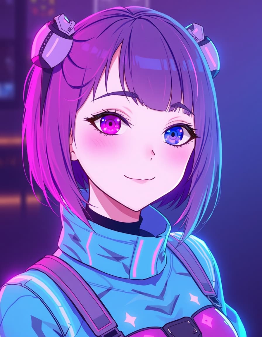glitch pop anime idol girl, neon pink and cyan lighting, futuristic idol outfit, soft smile with slight glitch, one eye RGB split, hologram distortion, clean anime style, high detail, stage lighting, subtle digital artifacts