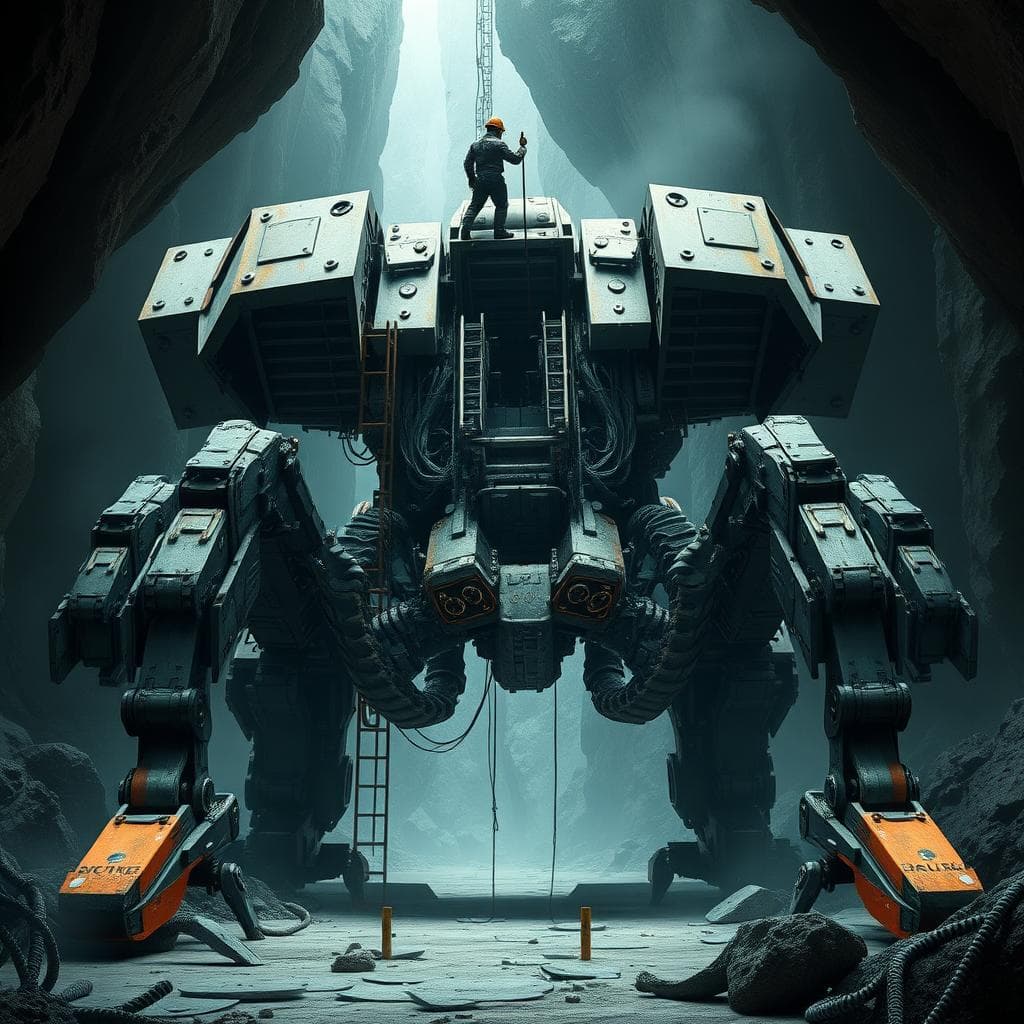 a construction worker working on scaffolding, an empty and open giant Mech suit broken after a battle, scorpion shape, sci-fi Noir post-futuristic, caves of steel, isaac Asimov book cover, style of Michel Whelan and Masamune Shirowm, high quality, premium, matt, aesthetic,